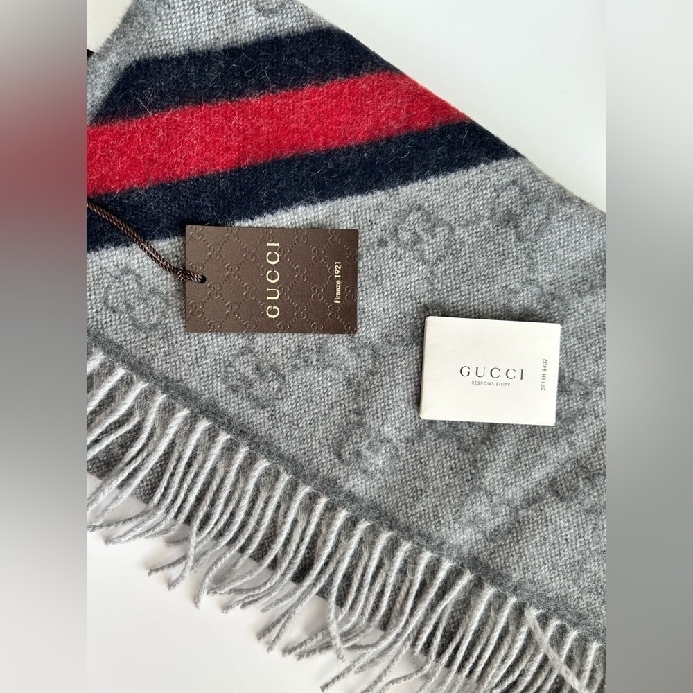 New With Tags Gucci Nikky Wool Alpaca Monogram Web light Gray Scarf Shawl Fringe - Picture 1 of 12